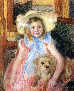  Sosteniendo Pintura al %c3%b3leo - Sara con un gran sombrero de flores mirando hacia la derecha sosteniendo a su perro impresionismo madres hijos Mary Cassatt
